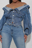 hulianfu Patchwork Off Shoulder Versatile Denim Jacket