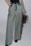 hulianfu Color Block Patchwork Casual Patch Pocket Jeans