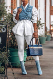 hulianfu Outstanding Puff Sleeve White Blouse & Adjustable Denim Gilet