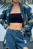 hulianfu Ripped On-trend Gradient Denim Blazer