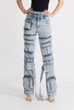 hulianfu Detachable Zipped Design Chic Multi Pocket Washed Jeans