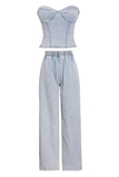 hulianfu Denim Girly Bandeau Pant Suit