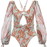 hulianfu hulianfu Sexy V-Neck Bandage Printing Long Sleeves Swimwear Women's Suit Surf Wear Push Up Micro Swimsuit Luxury Shorts Bourkini