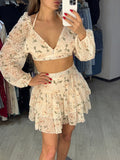 hulianfu  New Summer Sweet Girl Print Two Piece Set Women V-neck Backless Sexy Crop Top + Cake Skirts Sets Vacation Beach 2 Piece Suits