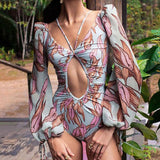 hulianfu hulianfu Sexy V-Neck Bandage Printing Long Sleeves Swimwear Women's Suit Surf Wear Push Up Micro Swimsuit Luxury Shorts Bourkini
