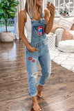 hulianfu Denim Print Suspender Jeans