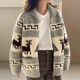 hulianfu Chic Knitted Cardigan Women Sweaters Pull Print Zipper Christmas Sweater Temperament Vintage Casual Oversized Sweater Tops