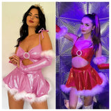 hulianfu Christmas Party Mini Dress Women Sexy Furry Diamonds Buckle Hollow Out Y2K Metallic Spaghetti Straps Dresses with Sleeves Covers