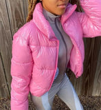 Hulianfu Y2K Neon Color Women's Down Jacket Long Sleeve Parka Stand Collar Winter Warm Coat Mirror Smooth Zipper Overcoat