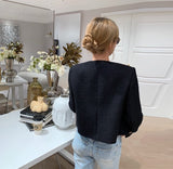 Hulianfu Small Fragrance Women Black Tweed Outerwear Autumn Winter Golden Button Blends Wool Female Long Sleeve Jacket Coat