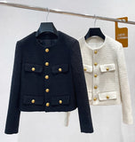 Hulianfu Small Fragrance Women Black Tweed Outerwear Autumn Winter Golden Button Blends Wool Female Long Sleeve Jacket Coat