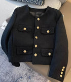 Hulianfu Small Fragrance Women Black Tweed Outerwear Autumn Winter Golden Button Blends Wool Female Long Sleeve Jacket Coat