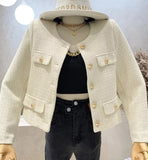 Hulianfu Small Fragrance Women Black Tweed Outerwear Autumn Winter Golden Button Blends Wool Female Long Sleeve Jacket Coat