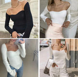 Hulianfu Spring Women's Sweater Square Neck Long Sleeve Knitted Sweater Pullover Jumper Fashion Elegant Knit Top White Black