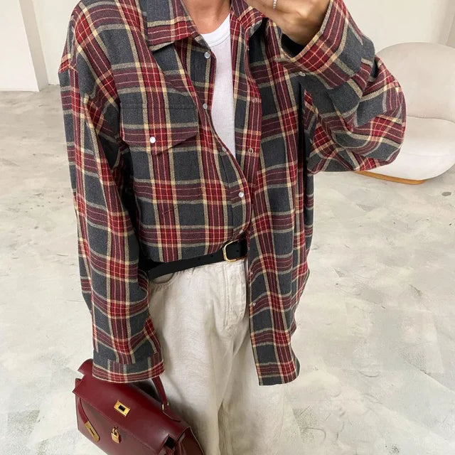 hulianfu Fashion Loose Plaid Women'S Blouse Elegant Lapel Long Sleeve Office Shirts And Blouses Vintage Pocket Lace-Up Top Female