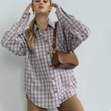 hulianfu Fashion Plaid Print Women'S Blouse Elegant Lapel Long Sleeve Office Shirts & Blouses Casual Loose Tops Female Clothing