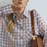 hulianfu Fashion Plaid Print Women'S Blouse Elegant Lapel Long Sleeve Office Shirts & Blouses Casual Loose Tops Female Clothing