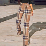 hulianfu Women Buttoned High Waist Wide Leg Tailored Pants Spring Casual Ladies Plaid Long Pencil Pants Elegant Trousers Overalls