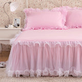 HULIANFU Pink Lace Lotus Leaf Lace Bed Skirts Princess Style Solid Color Bedspread Bed Cover Non-Slip Sheets Without Pillowcase