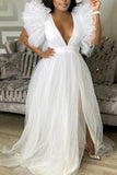 hulianfu Ladies Fashion Loose Large Swing Mesh Sexy Sleeveless V-neck Commuter Large Women Dress Pure White Dress