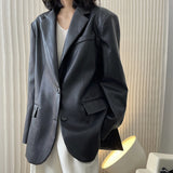 Hulianfu Autumn and winter women's casual solid color single-breasted pocket decoration loose PU jacket