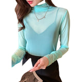 Hulianfu Size M-3XL Girls Colorful Mesh T-Shirts Tees Female Transparent Long Sleeve Turtleneck Thin Tshirt Tops Women Spring Fall