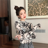 Hulianfu Girls Transparent Corduroy Printing Mesh T-Shirts Tees Female Turtleneck Full Sleeve Tshirt Tops For Women
