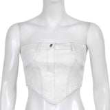 Hulianfu White Strapless Cropped Tube Top Women Sexy Backless Boob Tube Crop Tops Zipper Black Thread Camisole Summer