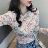 Hulianfu Angel Print Sheer Blue Black Mesh Long Sleeve Blouse Shirts Women Spring Summer Pullovers Elegant Sexy See Through Tops