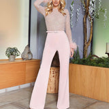 Hulianfu Elegant Bodycon Jumpsuit Women Slim Fit Straight Sequins Feather Stitching Long Sleeves Spring Romber Lady Party Sexy Playsuit