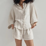 hulianfu Summer Casual Two-piece Suit  Women's Retro Fashion Shorts Suites Shirt High Waist Loose Bohemian Shorts Women's Suit Top