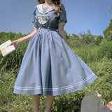 hulianfu Harajuku Sailor Collar Navy Dress Japanese Lolita Sweet Bow-knot Girl Retro Cotton Kawaii Preppy Style Short Sleeve Dress Women