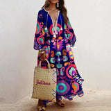 hulianfu Spring Elegant Floral Print Tassel Long Party Dress Vintage Long Lantern Sleeve Ladies Dresses Women V Neck Casual Loose Dress