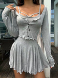 hulianfu Women two piece cotton suit skirt short cardigan long sleeve sexy korean cross tank pleated skirt slim nightclub 6CN4