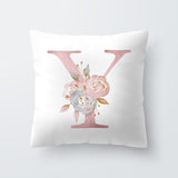 HULIANFU Pink Letter Decorative Floral Pillow Gold Alphabet Cushion for Sofa Polyester Pillowcase Decoration Salon