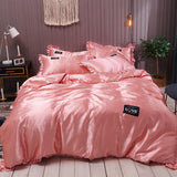 HULIANFU Pure Satin Silk Bedding Set Lace Luxury Duvet Cover Set Single Double Queen King Size 240x220 Couple Quilt Covers White Gray Red