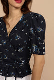 hulianfu Women Shirt Spring and Summer New Ladies Floral Print V-neck Short-sleeved Shirt