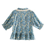 Hulianfu New French Style Lace Patchwork Floral Print Crop Tops Women Summer Casual Chic Peter Pan Collar Blouses Female Fashion Top