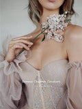hulianfu  Sweet Dusty Pink Prom Dresses Off Shoulder Long Sleeves Princess Party Dresses Pleated Tulle A-Line Formal Evening Gowns