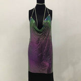 hulianfu Handmade Backless Sequin Metal Mesh Dress Women Chain Halter Rhinestone Chain Slit Night Club Birthday Party Dress Mini