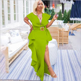 hulianfu Women  Short Sleeve V-Neck Fashion Slim Irregular Sexy Large Size Temperament Commuter High Waist Dress