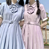 hulianfu Harajuku Sailor Collar Navy Dress Japanese Lolita Sweet Bow-knot Girl Retro Cotton Kawaii Preppy Style Short Sleeve Dress Women