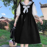 hulianfu Harajuku Sailor Collar Navy Dress Japanese Lolita Sweet Bow-knot Girl Retro Cotton Kawaii Preppy Style Short Sleeve Dress Women