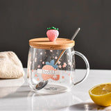 HULIANFU Novelty 3d Lid Cartoon Strawberry Cute Water Glass Transparent Milk Juice Drinkware Cup Mug Drinking Borosilicate Glasses Coffee