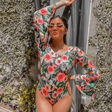 Long Sleeve Print Floral New One Piece Swimsuit Swimwear Women Bathing Suit Backless Swimsuit Vintage Surfing Swim Suit