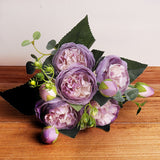 HULIANFU 2023 30cm Rose Pink Silk Bouquet Peony Artificial Flowers 5 Big Heads 4 Small Bud Bride Wedding Home Decoration Fake Flowers Faux