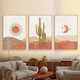 HULIANFU Nordic Desert Boho Canvas Prints Cactus Wall Art Abstract Landscape Sun and Moon Scene Wall Picture for Living Room Home Decor