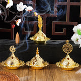 HULIANFU Luxury Hollow Buddhism Golden Home Decor Arab Style Censer Holder Tower Incense Burners Metal Incense Burner