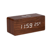HULIANFU Modern Wooden Wood Digital LED Desk Alarm Clock Thermometer Wireless Charger With Qi Wireless Charging Pad Alarm Clock LED