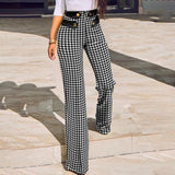 hulianfu Women Buttoned High Waist Wide Leg Tailored Pants Spring Casual Ladies Plaid Long Pencil Pants Elegant Trousers Overalls